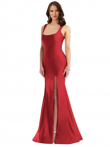 Affordable Square Neck Silky Satin Mermaid Prom Dress with Side Slit